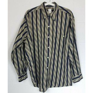 Bill Robinson Men's Medium Button Front Long Sleeve Shirt Khaki Black Striped